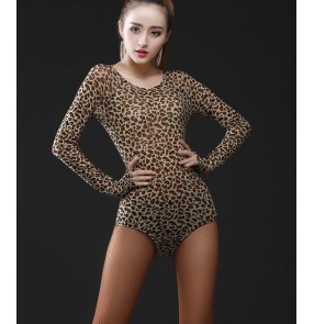 Brown gray grey mesh fabric leopard printed long sleeves round neck women's ladies female competition performance professional leotard competition latin ballroom dance tops blouse